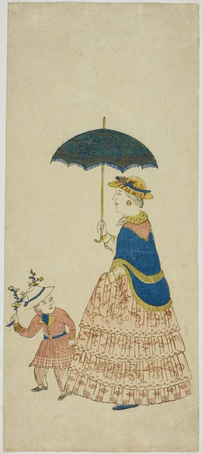 Dutch Lady Carrying Parasol with Little Boy 阿蘭陀婦人と子供 (Orando fujin to kodo mo) alkotó: Unknown artist