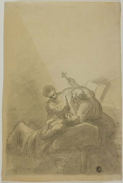 Haldokló ember részt vesz két alak, akik gyertyát, könyvet és keresztet tartanak alkotó: Unknown artist