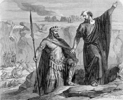 Illés figyelmeztette Akhábot, hogy küszöbön áll az eső. A háttérben Baál (Baal) imádatát látjuk. alkotó: Unknown artist