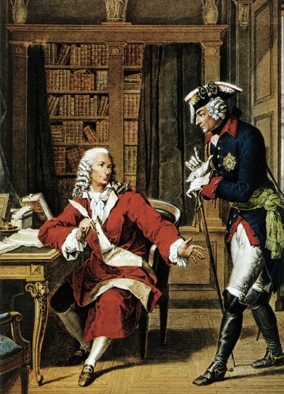 II. Nagy Frigyes császár (1712-1786) meglátogatja Voltaire filozófust (1694-1778). 18. századi rézkarc. alkotó: Unknown artist