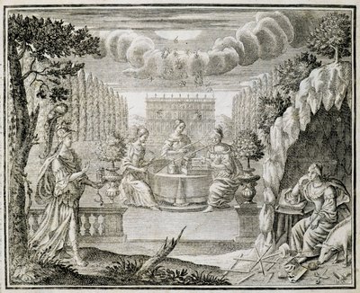Szövőszéken dolgozó nőket ábrázoló metszet. 18. század eleje. alkotó: Unknown artist