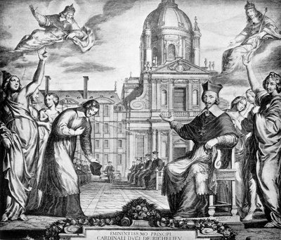 Richelieu bíboros dicsőségére a párizsi Sorbonne újjáalapítására készült metszet, Lemercier megbízásából, 1642-ben készült el. alkotó: Unknown artist