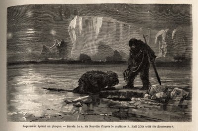 Eszkimálvadászok kémkednek egy fóka után a jégtakaró üreges lyukon keresztül, és az éjszaka sírjánál várnak, hogy szigonyozzák. Doctor Hayes, az Egyesült Államok haditengerészetének sebésze az 1860-1862-es metszet az Északi-sark-sark szabadtengerére tett u alkotó: Unknown artist