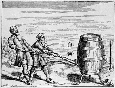 Otto van Guericke német tudós tapasztalata a légköri nyomás kiszámítására. A tányér az Otto von Guericke (Otto de Guericke) "Ottonis de Guericke: Experimenta Nova Magdeburgica de vacuo spatio" című könyvéből alkotó: Unknown artist