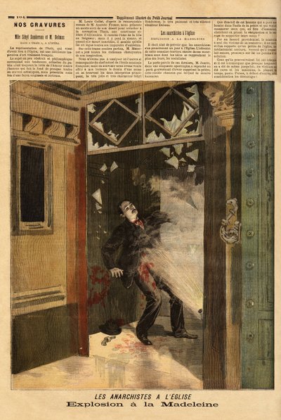 A párizsi La Madeleine templomban történt robbanás, az anarchista bűnöző, az egyetlen áldozat, saját bombájának hatásai vannak. Metszet a „” Le petit journal”-ban 1894.03.26. Selva gyűjteménye. alkotó: Unknown artist