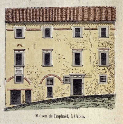 A ház homlokzata, ahol a festő Raffaello Santi (Raphael) (1483 - 1520) élt Urbinban, Olaszországban alkotó: Unknown artist