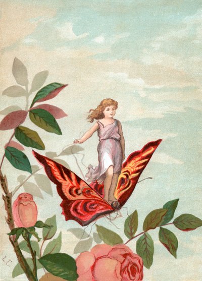 Tündér, aki rózsák között pillangón lovagol alkotó: Unknown artist