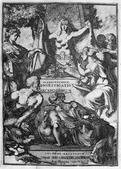 Antoine van Leeuwenhoek (vagy Leeuvenhoek Leeuwenhoeck) (vagy Antoni vagy Anthonie) (1632-1723) holland kereskedő és tudós „Investigato Arcanorum” című művének hamis címe, 1722. alkotó: Unknown artist
