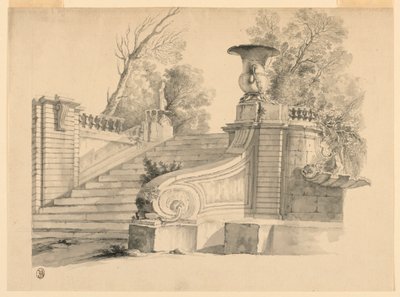 Fantázia. Egy lépcsőház egy parkban, romokban. alkotó: Unknown artist