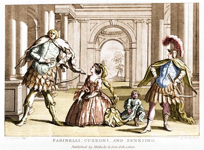Farinelli (Carlo Broschi, 1705-1782) a szoprán Cuzzonival és a kasztrált Francesco Bernardo Senesino-val (1680-1750) George Frederick Handel (Georg Friedrich Handel) operájában alkotó: Unknown artist