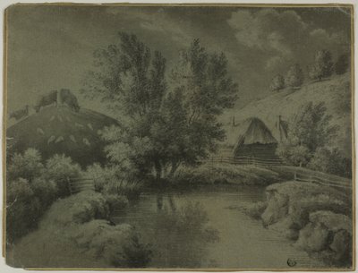 Farm tóval az előtérben, a dombon legelő tehenek alkotó: Unknown artist