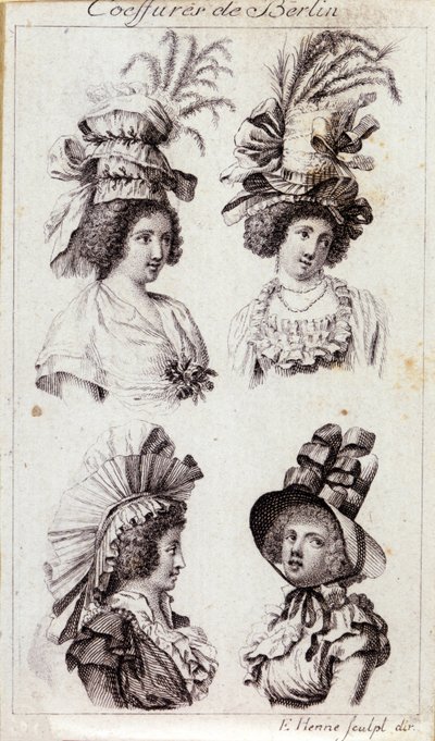 18. századi divat: a berlini nők kalapja. Metszet 1793-ból. alkotó: Unknown artist