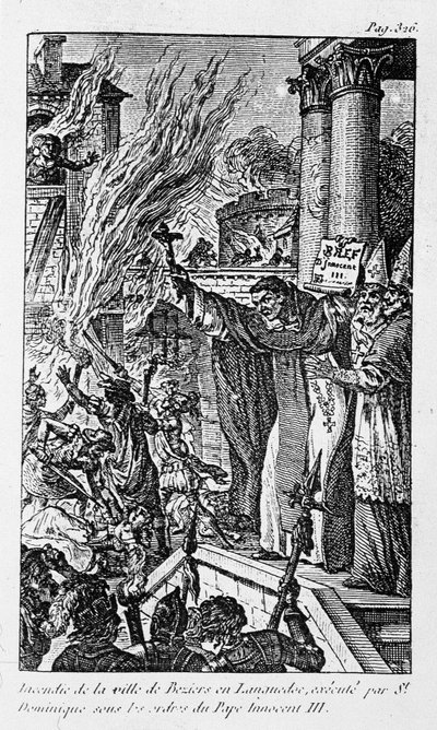 A languedoci Béziers város tűzvész, amelyet Szent Dominika ölt ki III. Innocent pápa parancsára „A vallás bűnei” c. alkotó: Unknown artist