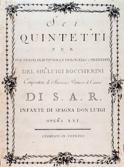 Luigi Boccherini "" hat kvintettje két hegedűre, brácsafuvolára és csellóra "" kottájának első oldala alkotó: Unknown artist