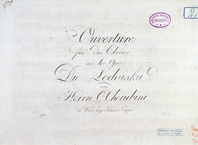 Luigi Cherubini „Lodoiska” című operájának zongorafortára szóló nyitányának első oldala alkotó: Unknown artist