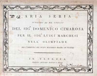 Domenico Cimarosa Aria Seria című kottájának első oldala alkotó: Unknown artist