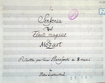 A szimfónia partitúrájának első oldala két zongorára és nyolc kézre redukálva, a Die Zauberflote, Mozart operája, Lichtenthal változat (XIX. század) alkotó: Unknown artist