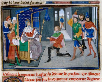 Negyedik keresztes hadjárat: IV. Alexis Angel (1182-1204) császárkoronája apja, II. Izsák mellett, miután 1203-ban ki tudta szabadítani a börtönből. Miniatűr David Aubert „” Chronicle abregee” című könyvéből alkotó: Unknown artist