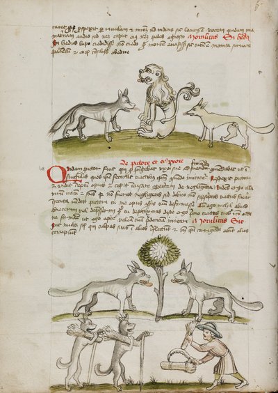 Róka és farkas egy oroszlán előtt; Két farkas egy fa alatt búzabálákat vonszol; Egy gazda búzakévéket kötögetve alkotó: Unknown artist