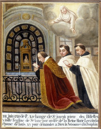 Szent József arkangyal atya, a Billettes priore, Mária Leszczynska királynő, XV. Lajos felesége parancsára meglátogatja a Szent Anna templomot, hogy kérje Istentől egy delfin születését, 1729. június 28. - Ex-Voto Sainte Anne d