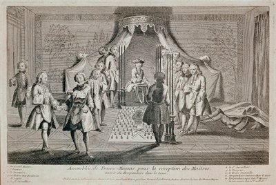 Franc-Maconnerie: „” Francs Macons gyűlése a mesterek fogadására”” Ünnepély a címzett páholyba való belépésére. Ő látható a bal oldalon, a második felügyelő egy makonikus tőrt mutat rá. A nagymester a alkotó: Unknown artist