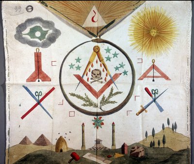 Franc-Maconnerie: Maconnic emblémák egy francia rítusú macon kötényén, 18. vagy 19. századból. Archivio di Stato Milánó alkotó: Unknown artist
