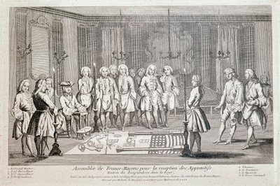 Freemaking: „Macons Francs Gyűlés a tanoncok felvételére” Ünnepélyes belépés a páholyba. Csíkos szemmel halad előre, a második felügyelő irányításával a (bal oldalon ülő) nagymester felé. A th alkotó: Unknown artist