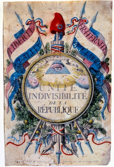 Francia forradalom: "" Liberte, egalite, testvériség vagy halál. Egyesítse a köztársaság oszthatatlanját”, a forradalmi szimbólumokat alkotó: Unknown artist