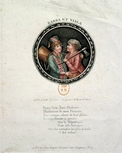 Francia forradalom: Barra és Viala képviselete. Joseph Agricol Viala (1780-1793) és Joseph Bara (1780-1793), a francia forradalom hős gyermekei, akik Marseille-ben, illetve Vendee-ben harcoltak a Köztársaságért. 18. századi metszet alkotó: Unknown artist