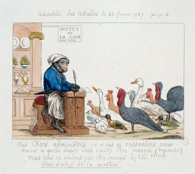 Francia forradalom: „” the Assembllee des notables du 1787. február 22.”” Karikatúra, amely XVI. Lajos királyt ábrázolja majomszakácsban, aki a pulykákból, tyúkokból, libákból és pulykákból álló gyűlésen elnököl. 18. századi rajz. Paris Musée Carnavalet alkotó: Unknown artist