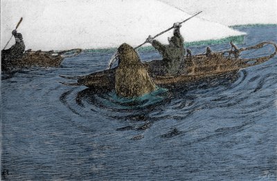 Fridtjof Nansen (1861-1930), norvég felfedező, akit egy rozmár megtámadt az északi sarki expedíció során 1896-ban. A Schlitte-et viszi a kajakon. századi metszet. alkotó: Unknown artist