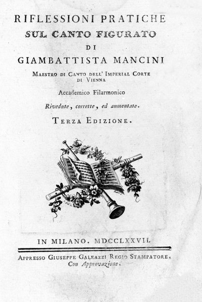 Frontispice de "" Gondolatok és gyakorlati elmélkedések a figuratív éneklésről ""” Giovanni Battista Mancini (1716 - 1800) olasz dalelmélet-tudós és kasztrált műve. 1777. alkotó: Unknown artist