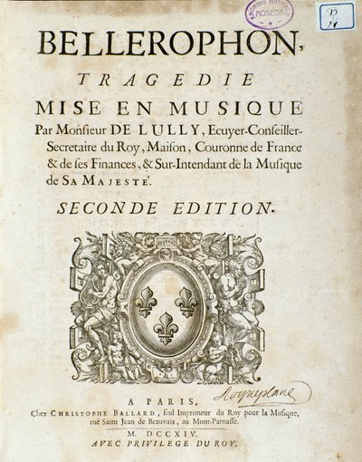A „” Bellerophon „” Lyrique tragédiájának frontképe öt felvonásban Jean Baptiste Lully (Giovanni Battista Lulli) (Jean-Baptiste) (1632-1687) prológusával. 1714. alkotó: Unknown artist