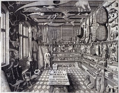 A „Musei Wormiani Historia” homlokzata, amely Ole Worm vagy Olaus Wormius kíváncsiskodóinak szekrényének belsejét mutatja alkotó: Unknown artist