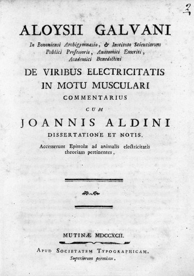 A ""De Viribus Electricitatis in Motu Musculari Commentarius" előlapja"" Luigi Galvani olasz fizikus értekezése az elektromosság keringéséről az állatok izomzatában alkotó: Unknown artist