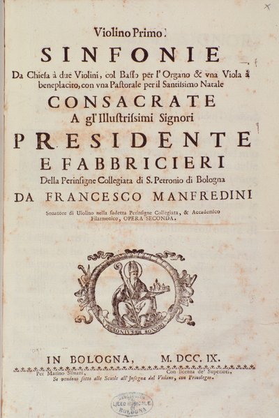 Francesco Manfredini Sinfonia da chiesa kotta és két hegedű előlapja alkotó: Unknown artist