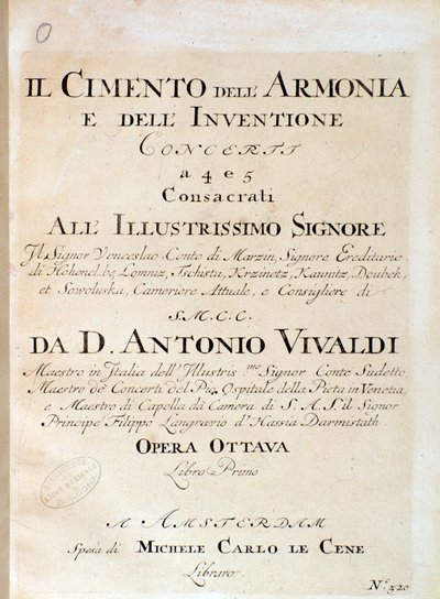 A hegedű partitúrájának előképe az V. hangversenyben Antonio Vivaldi olasz zeneszerző harmónia és találmány próbájában alkotó: Unknown artist