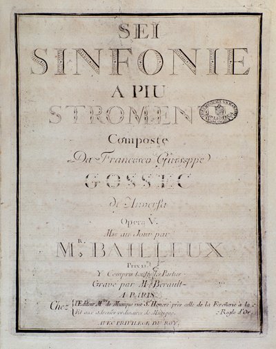 A Sei sinfonie a piu strumenti op. partitúrájának frontképe. 5 (első szimfónia), Francois Joseph Gossec alkotó: Unknown artist