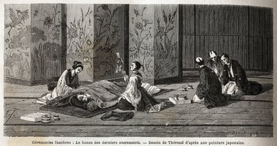 Temetési szertartások: az utolsó szentségek szerzetese. Aime Humbert, a Svájci Államszövetség minisztere, a „Le tour du monde, nouveau Journal des voyages” 1863–1864-es japán utazását illusztráló metszet, amelyet Edouar irányítása alatt adtak ki. alkotó: Unknown artist