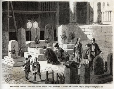 Temetési szertartások: sír, ahol a hamvas urnát helyezik el. Aime Humbert, a Svájci Államszövetség minisztere, a „Le tour du monde, nouveau Journal des voyages” 1863–1864-es japán utazását illusztráló metszet, amely a következő irányítása alatt jelent meg. alkotó: Unknown artist