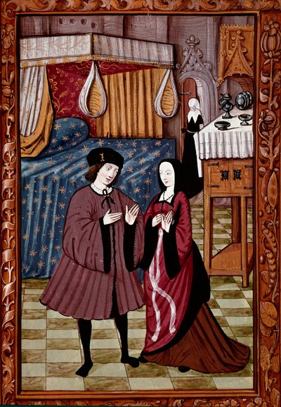 Galáns találkozás a hálószobában Valószínűleg Jean III de Brush és Louise de Laval szerelme. Miniatűr kéziratból ms. 1475 alkotó: Unknown artist