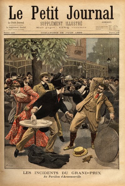 Általános küzdelem a Longchamp Grand Prix versenyeken, melynek eredete Charles Dupuy (1851-1923), belügy- és vallásügyi miniszter nyilatkozatainak köszönhető, aki azzal izgatta a jelenkori polgárokat, hogy elhitette velük, hogy a köztársaságot fenyegető ve alkotó: Unknown artist