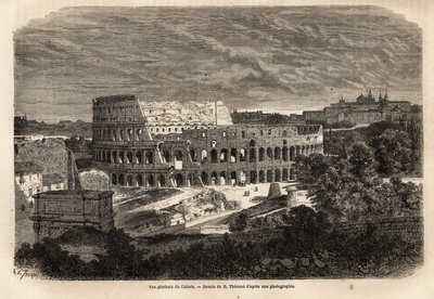 A Colossee általános képe, Rómában, Titus császár uralkodása alatt 80-ban elkészült Flavius amfiteátrum, 75 000 fő befogadására alkalmas, egészen a 6. századig szolgált, a császári Róma jelképe, a Forum Romanumtól keletre található. van alkotó: Unknown artist