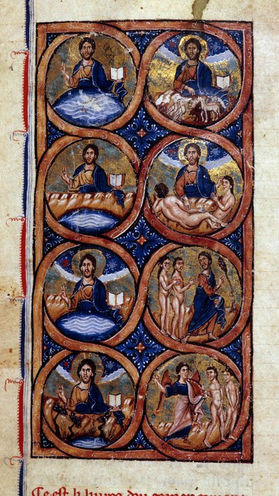 Genezis: a világteremtés (kozmogónia) különböző szakaszainak ábrázolása. Miniatűr kéziratból „Universal History””” 13. század. Dijon Városi Könyvtár alkotó: Unknown artist