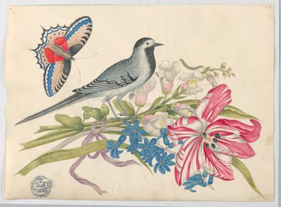 Gray Bird on Branch tulipánnal, Snapdragons és Forget Me-Nots with Butterfly alkotó: Unknown artist