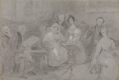 Alakcsoport egy akvarellekkel festő férfival és egy csésze teát nyújtó lánnyal alkotó: Unknown artist