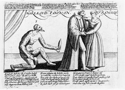 Harlekin felszarvazott. Metszetsorozat egy, a 16. század végén Franciaországban játszott darabról Harlequin és Franceschina szerelmi gyalázatának témájában. alkotó: Unknown artist