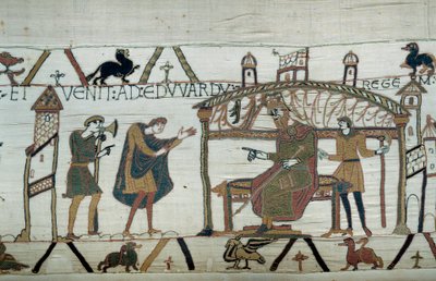 Harold, aki visszatért Angliába, miután a Hódító Vilmos hercegnél (1027-1087) volt nagykövetsége, elmesélte a gyóntató Edward királynak tett utazását. A Bayeux-i kárpit vagy Mathilde királynő hímzése részletei alkotó: Unknown artist