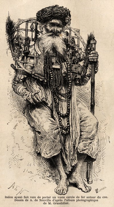 A hindu megfogadta, hogy nagy vaskarikát visel a nyakában. Alfred Grandidier 1862-1864-es metszete India meridionális tartományaiban való utazás szemléltetésére, megjelent a „le tour du monde”-ban, D