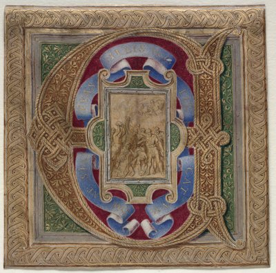Történelmi kezdőbetű (E) kivágva a Colonna Misekönyvből: Szent István vértanúsága alkotó: Unknown artist